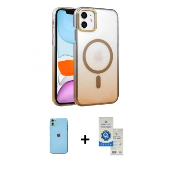 MARSİLYAN™- iPhone 11 Kılıf Ahenk Doku Özel Seri - Şeffaf Royal Nano Ekran Koruyucu + Neon Fosforlu Kamera Lens - YL
