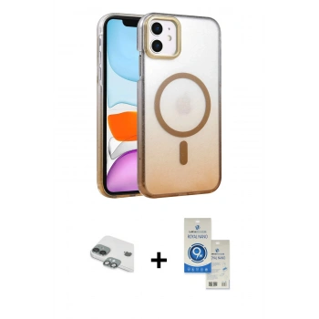 MARSİLYAN™- iPhone 11 Kılıf Ahenk Doku Özel Seri - Şeffaf Royal Nano Ekran Koruyucu + Pers Alüminyum Kamera Lens - YL