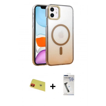 MARSİLYAN™- iPhone 11 Kılıf Ahenk Doku Özel Seri - Şeffaf Uv Polymer Nano Ekran Koruyucu + Rainbow Kamera Lens Koruma Cam - KI