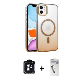 MARSİLYAN™- iPhone 11 Kılıf Ahenk Doku Özel Seri - Şeffaf Uv Polymer Nano Ekran Koruyucu + PVD Metal Kamera Lens - SH