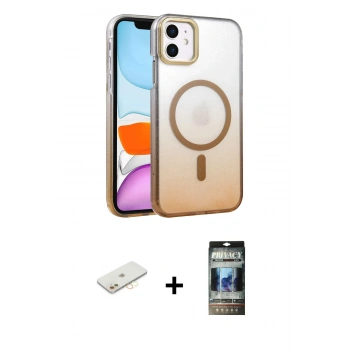 MARSİLYAN™- iPhone 11 Kılıf Ahenk Doku Özel Seri - Siyah 34D Hayalet Izgaralı Cam + Renkli Kamera Lens Koruma Cam - SI