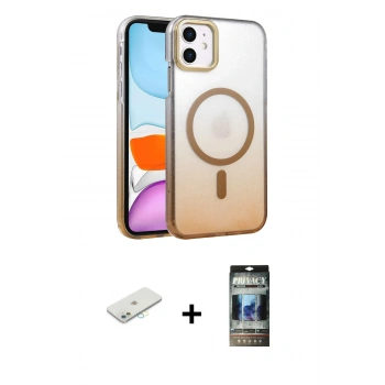 MARSİLYAN™- iPhone 11 Kılıf Ahenk Doku Özel Seri - Siyah 34D Hayalet Izgaralı Cam + Renkli Kamera Lens Koruma Cam - SI