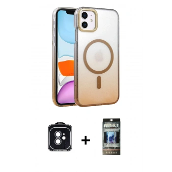 MARSİLYAN™- iPhone 11 Kılıf Ahenk Doku Özel Seri - Siyah 34D Hayalet Izgaralı Cam + PVD Metal Kamera Lens - SH
