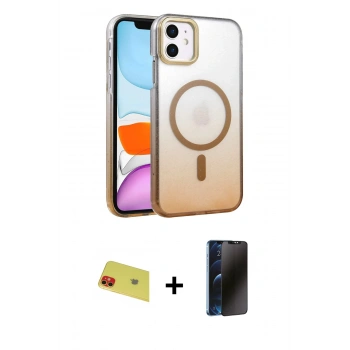 MARSİLYAN™- iPhone 11 Kılıf Ahenk Doku Özel Seri - Siyah 3D Antistatik Hayalet Cam Ekran Koruyucu + Rainbow Kamera Lens Koruma Cam - KI