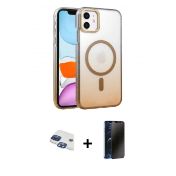 MARSİLYAN™- iPhone 11 Kılıf Ahenk Doku Özel Seri - Siyah 3D Antistatik Hayalet Cam Ekran Koruyucu + Pers Alüminyum Kamera Lens - LT