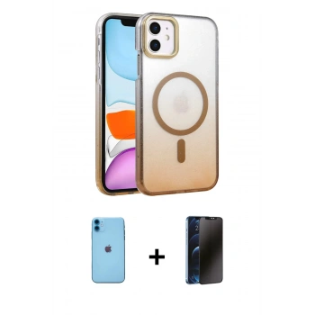 MARSİLYAN™- iPhone 11 Kılıf Ahenk Doku Özel Seri - Siyah 3D Antistatik Hayalet Cam Ekran Koruyucu + Neon Fosforlu Kamera Lens - MI