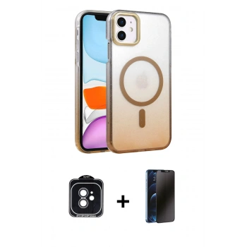 MARSİLYAN™- iPhone 11 Kılıf Ahenk Doku Özel Seri - Siyah 3D Antistatik Hayalet Cam Ekran Koruyucu + PVD Metal Kamera Lens - SH