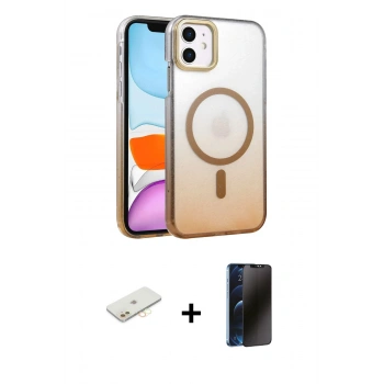 MARSİLYAN™- iPhone 11 Kılıf Ahenk Doku Özel Seri - Siyah 3D Antistatik Hayalet Cam Ekran Koruyucu + Renkli Kamera Lens Koruma Cam - SI