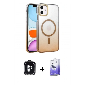 MARSİLYAN™- iPhone 11 Kılıf Ahenk Doku Özel Seri - Siyah Bilvis 5in1 5D Magic Hayalet Cam Ekran Koruyucu + PVD Metal Kamera Lens - YL