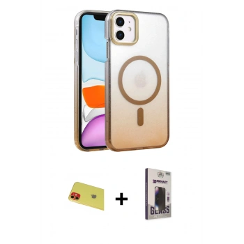 MARSİLYAN™- iPhone 11 Kılıf Ahenk Doku Özel Seri - Siyah Bilvis Hayalet Cam Ekran Koruyucu + Rainbow Kamera Lens Koruma Cam - KI
