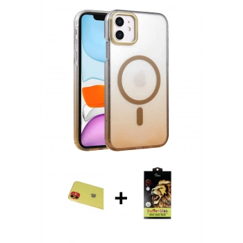 MARSİLYAN™- iPhone 11 Kılıf Ahenk Doku Özel Seri - Siyah Buffer Cam Ekran Koruyucu + Rainbow Kamera Lens Koruma Cam - KI