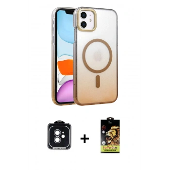 MARSİLYAN™- iPhone 11 Kılıf Ahenk Doku Özel Seri - Siyah Buffer Cam Ekran Koruyucu + PVD Metal Kamera Lens - SH