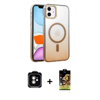 MARSİLYAN™- iPhone 11 Kılıf Ahenk Doku Özel Seri - Siyah Buffer Cam Ekran Koruyucu + PVD Metal Kamera Lens - TU
