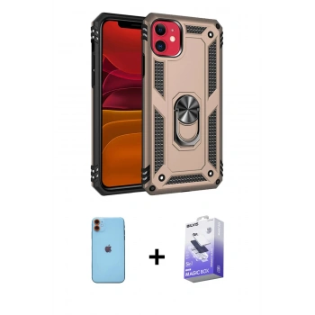 MARSİLYAN™- iPhone 11 Kılıf Ahenk Klasik Koleksiyonu - Siyah Bilvis 5in1 5D Magic Hayalet Cam Ekran Koruyucu + Neon Fosforlu Kamera Lens - TU