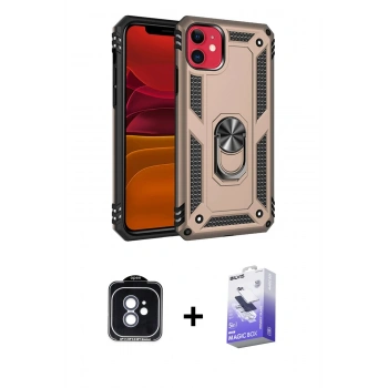 MARSİLYAN™- iPhone 11 Kılıf Ahenk Klasik Koleksiyonu - Siyah Bilvis 5in1 5D Magic Hayalet Cam Ekran Koruyucu + PVD Metal Kamera Lens - MI