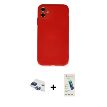 MARSİLYAN™- iPhone 11 Kılıf Ahenk Serisi - Şeffaf Pasifik Cam Ekran Koruyucu + Pers Alüminyum Kamera Lens - LT