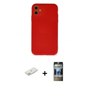 MARSİLYAN™- iPhone 11 Kılıf Ahenk Serisi - Siyah 34D Hayalet Izgaralı Cam + Renkli Kamera Lens Koruma Cam - PE