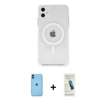 MARSİLYAN™- iPhone 11 Kılıf Ahenk Yansıma Prime - Şeffaf Pasifik Cam Ekran Koruyucu + Neon Fosforlu Kamera Lens - MI