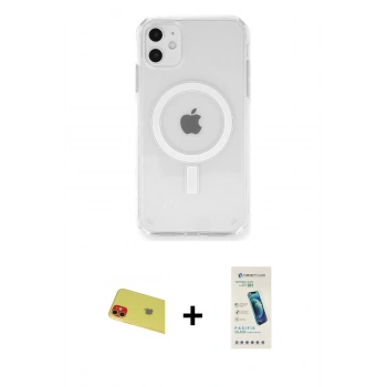 MARSİLYAN™- iPhone 11 Kılıf Ahenk Yansıma Prime - Şeffaf Pasifik Cam Ekran Koruyucu + Rainbow Kamera Lens Koruma Cam - KI