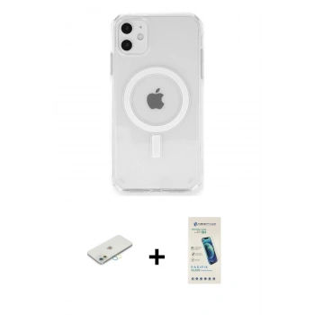 MARSİLYAN™- iPhone 11 Kılıf Ahenk Yansıma Prime - Şeffaf Pasifik Cam Ekran Koruyucu + Renkli Kamera Lens Koruma Cam - SI