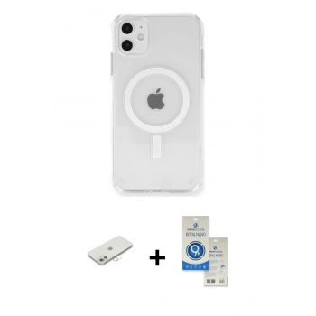 MARSİLYAN™- iPhone 11 Kılıf Ahenk Yansıma Prime - Şeffaf Royal Nano Ekran Koruyucu + Renkli Kamera Lens Koruma Cam - SI