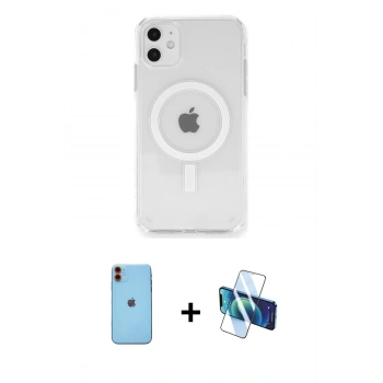 MARSİLYAN™- iPhone 11 Kılıf Ahenk Yansıma Prime - Siyah 3D Antistatik Cam Ekran Koruyucu + Neon Fosforlu Kamera Lens - TU