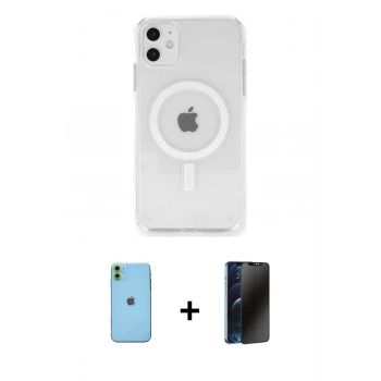 MARSİLYAN™- iPhone 11 Kılıf Ahenk Yansıma Prime - Siyah 3D Antistatik Hayalet Cam Ekran Koruyucu + Neon Fosforlu Kamera Lens - YL