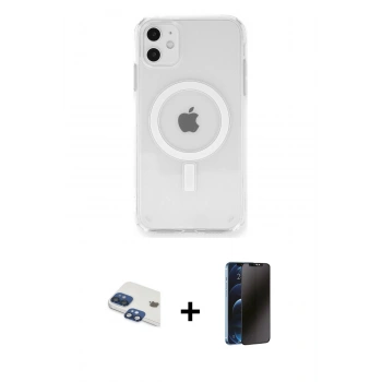 MARSİLYAN™- iPhone 11 Kılıf Ahenk Yansıma Prime - Siyah 3D Antistatik Hayalet Cam Ekran Koruyucu + Pers Alüminyum Kamera Lens - LT
