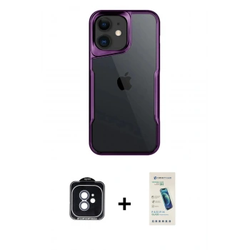 MARSİLYAN™- iPhone 11 Kılıf Akış Çizgi Koleksiyonu - Şeffaf Pasifik Cam Ekran Koruyucu + PVD Metal Kamera Lens - MI