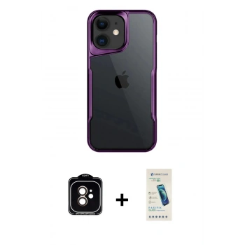 MARSİLYAN™- iPhone 11 Kılıf Akış Çizgi Koleksiyonu - Şeffaf Pasifik Cam Ekran Koruyucu + PVD Metal Kamera Lens - TU