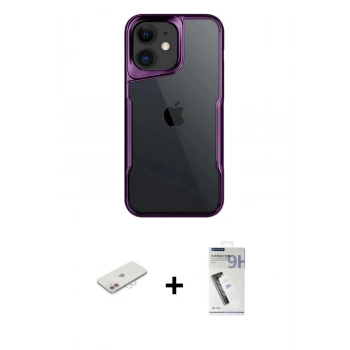 MARSİLYAN™- iPhone 11 Kılıf Akış Çizgi Koleksiyonu - Şeffaf Uv Polymer Nano Ekran Koruyucu + Renkli Kamera Lens Koruma Cam - PE