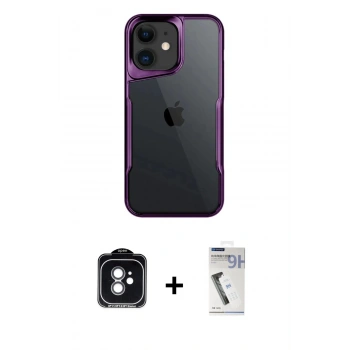 MARSİLYAN™- iPhone 11 Kılıf Akış Çizgi Koleksiyonu - Şeffaf Uv Polymer Nano Ekran Koruyucu + PVD Metal Kamera Lens - YL
