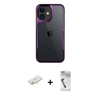 MARSİLYAN™- iPhone 11 Kılıf Akış Çizgi Koleksiyonu - Şeffaf Uv Polymer Nano Ekran Koruyucu + Renkli Kamera Lens Koruma Cam - YL