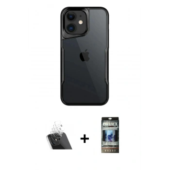 MARSİLYAN™- iPhone 11 Kılıf Akış Çizgi Koleksiyonu - Siyah 34D Hayalet Izgaralı Cam + Kamera Lens Koruma Cam - SF