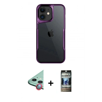 MARSİLYAN™- iPhone 11 Kılıf Akış Çizgi Koleksiyonu - Siyah 34D Hayalet Izgaralı Cam + Raze Metal Kamera Lens - KI