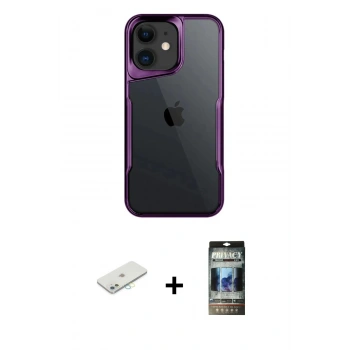 MARSİLYAN™- iPhone 11 Kılıf Akış Çizgi Koleksiyonu - Siyah 34D Hayalet Izgaralı Cam + Renkli Kamera Lens Koruma Cam - SI