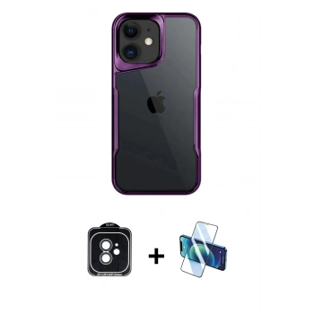 MARSİLYAN™- iPhone 11 Kılıf Akış Çizgi Koleksiyonu - Siyah 3D Antistatik Cam Ekran Koruyucu + PVD Metal Kamera Lens - SH
