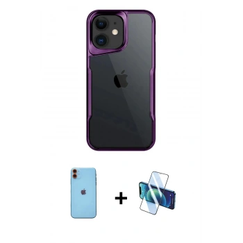 MARSİLYAN™- iPhone 11 Kılıf Akış Çizgi Koleksiyonu - Siyah 3D Antistatik Cam Ekran Koruyucu + Neon Fosforlu Kamera Lens - TU