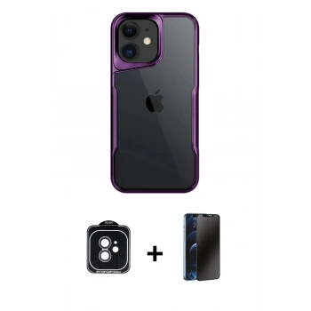 MARSİLYAN™- iPhone 11 Kılıf Akış Çizgi Koleksiyonu - Siyah 3D Antistatik Hayalet Cam Ekran Koruyucu + PVD Metal Kamera Lens - SH