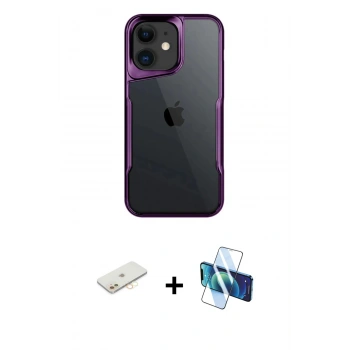MARSİLYAN™- iPhone 11 Kılıf Akış Çizgi Koleksiyonu - Siyah 3D Antistatik Seramik Nano Ekran Koruyucu + Renkli Kamera Lens Koruma Cam - SI