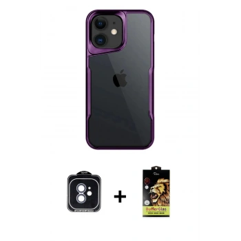 MARSİLYAN™- iPhone 11 Kılıf Akış Çizgi Koleksiyonu - Siyah Buffer Cam Ekran Koruyucu + PVD Metal Kamera Lens - MI