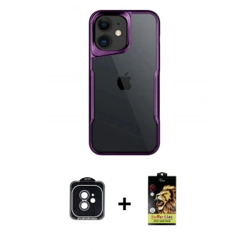 MARSİLYAN™- iPhone 11 Kılıf Akış Çizgi Koleksiyonu - Siyah Buffer Cam Ekran Koruyucu + PVD Metal Kamera Lens - SH