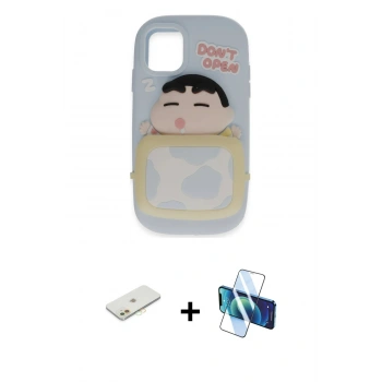 MARSİLYAN™- iPhone 11 Kılıf Akış Yansıma - Siyah 3D Antistatik Cam Ekran Koruyucu + Renkli Kamera Lens Koruma Cam - TU