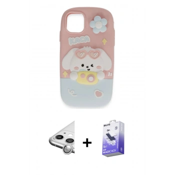 MARSİLYAN™- iPhone 11 Kılıf Akış Yansıma - Siyah Bilvis 5in1 5D Magic Hayalet Cam Ekran Koruyucu + Raze Metal Kamera Lens - GS