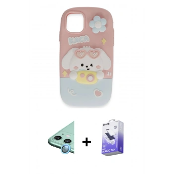 MARSİLYAN™- iPhone 11 Kılıf Akış Yansıma - Siyah Bilvis 5in1 5D Magic Hayalet Cam Ekran Koruyucu + Raze Metal Kamera Lens - MI