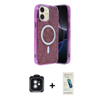 MARSİLYAN™- iPhone 11 Kılıf Eksen Çizgi - Şeffaf Pasifik Cam Ekran Koruyucu + PVD Metal Kamera Lens - SH