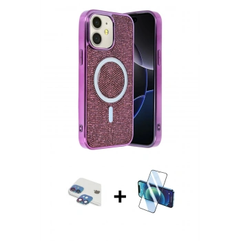 MARSİLYAN™- iPhone 11 Kılıf Eksen Çizgi - Siyah 3D Antistatik Cam Ekran Koruyucu + Pers Alüminyum Kamera Lens - GI