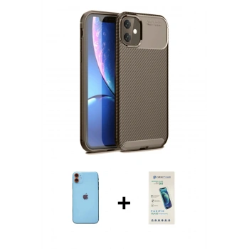 MARSİLYAN™- iPhone 11 Kılıf Eksen Form Prime - Şeffaf Pasifik Cam Ekran Koruyucu + Neon Fosforlu Kamera Lens - TU