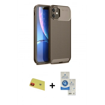 MARSİLYAN™- iPhone 11 Kılıf Eksen Form Prime - Şeffaf Royal Nano Ekran Koruyucu + Rainbow Kamera Lens Koruma Cam - KI