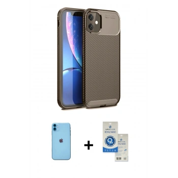 MARSİLYAN™- iPhone 11 Kılıf Eksen Form Prime - Şeffaf Royal Nano Ekran Koruyucu + Neon Fosforlu Kamera Lens - MI